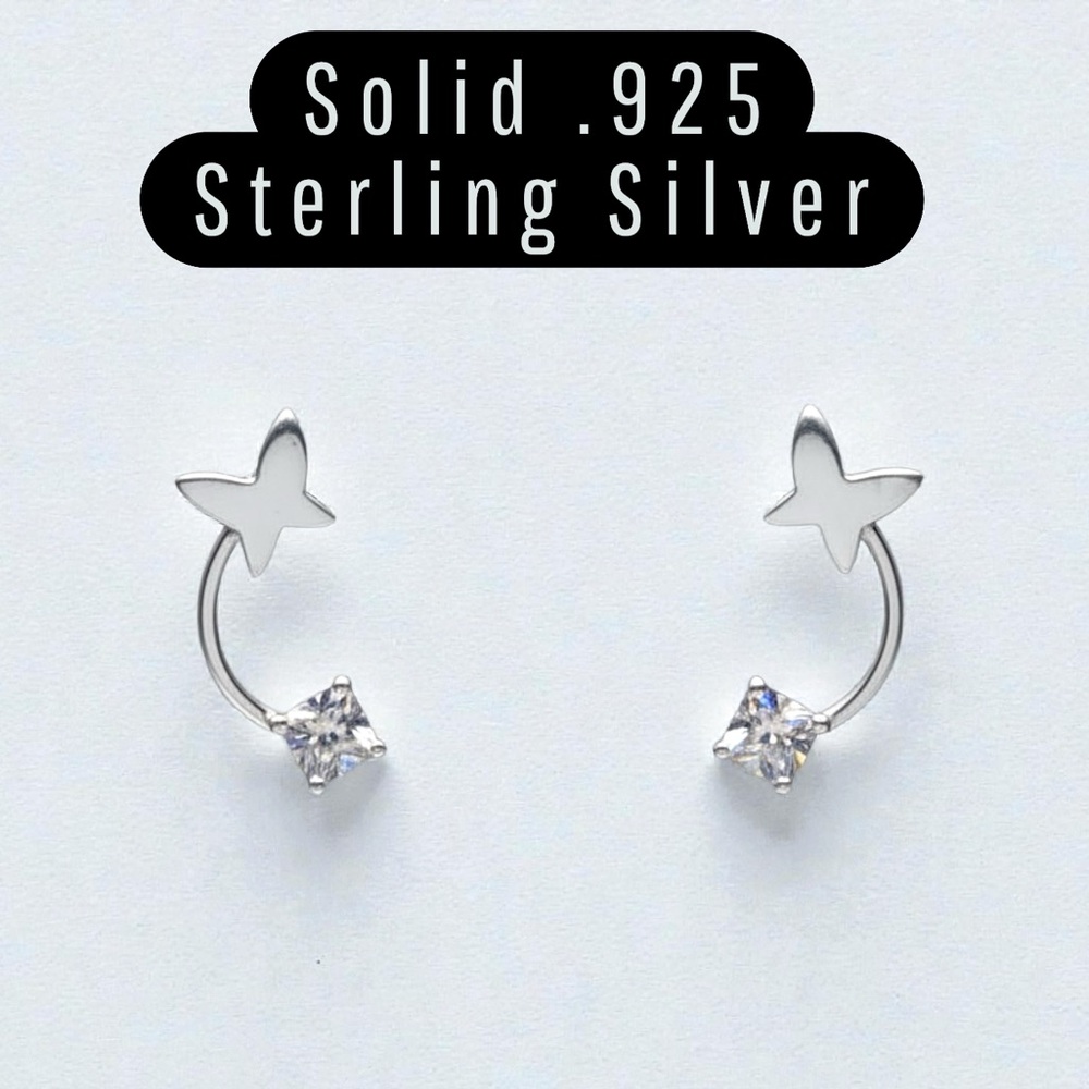 Dainty Butterfly & CZ Curved Stud Earrings - .925 Sterling Silver - Minimalist